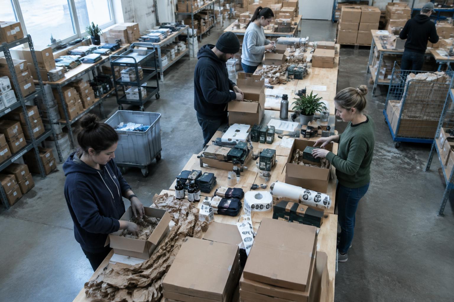 Mitarbeiter verpacken und stellen Bestellungen in einem E-Commerce-Arbeitsbereich zusammen