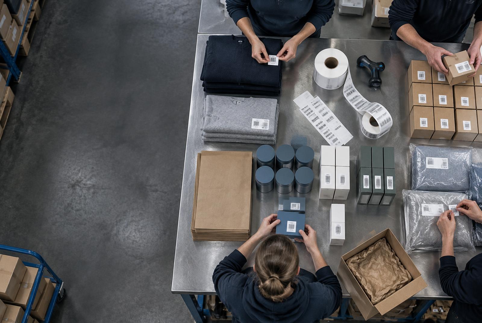 Mehrere Hände etikettieren Waren und Verpackungen an einem großen Arbeitstisch