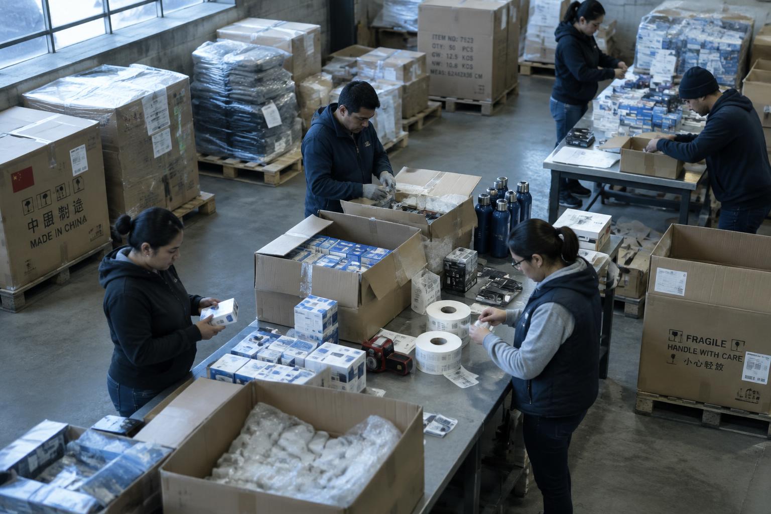 Mitarbeiter etikettieren, sortieren und packen importierte Ware in einem Lagerbereich um