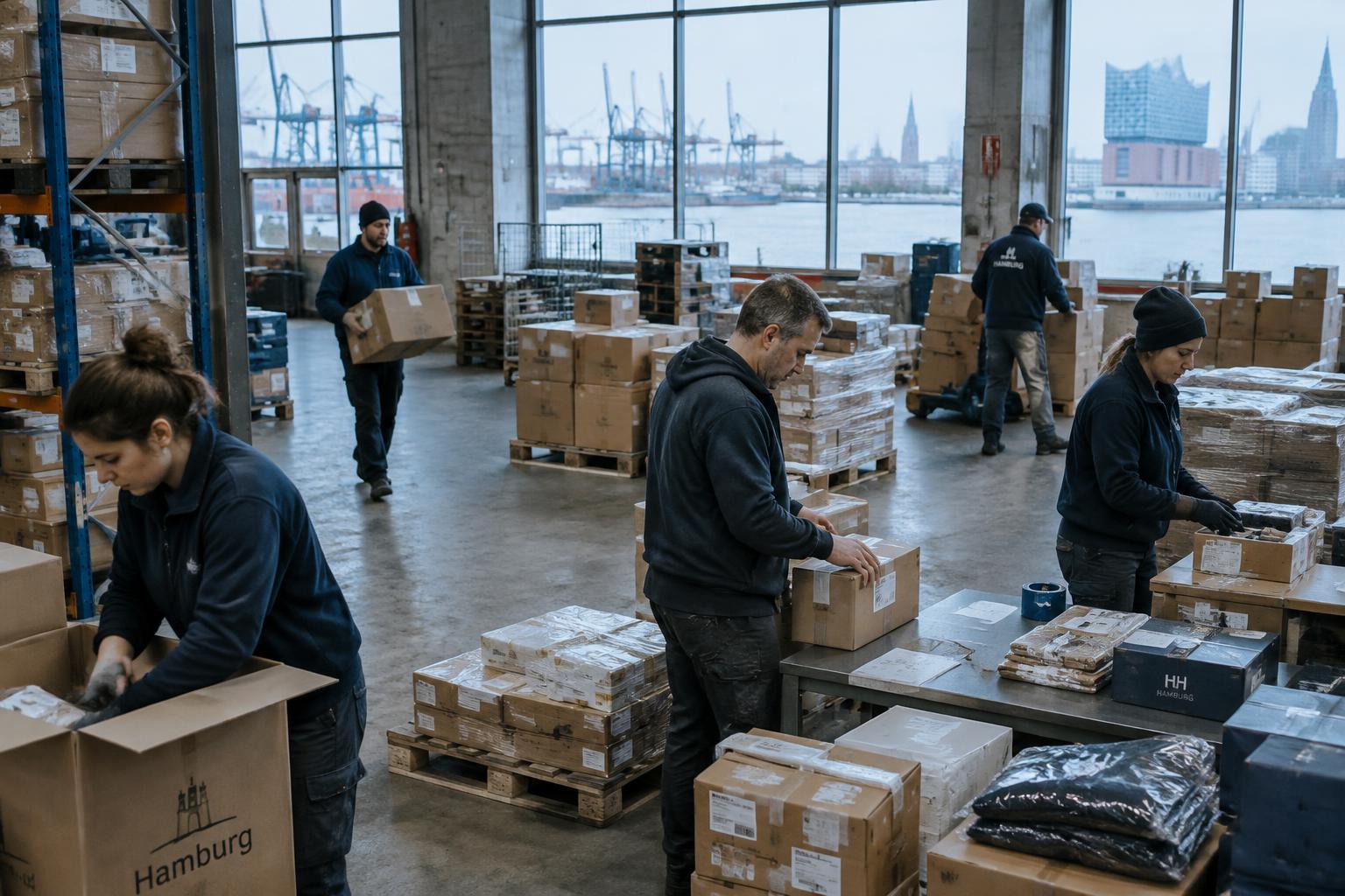 Mitarbeiter packen, sortieren und etikettieren Waren in einer Hamburger Lagerhalle mit Blick auf den Hafen