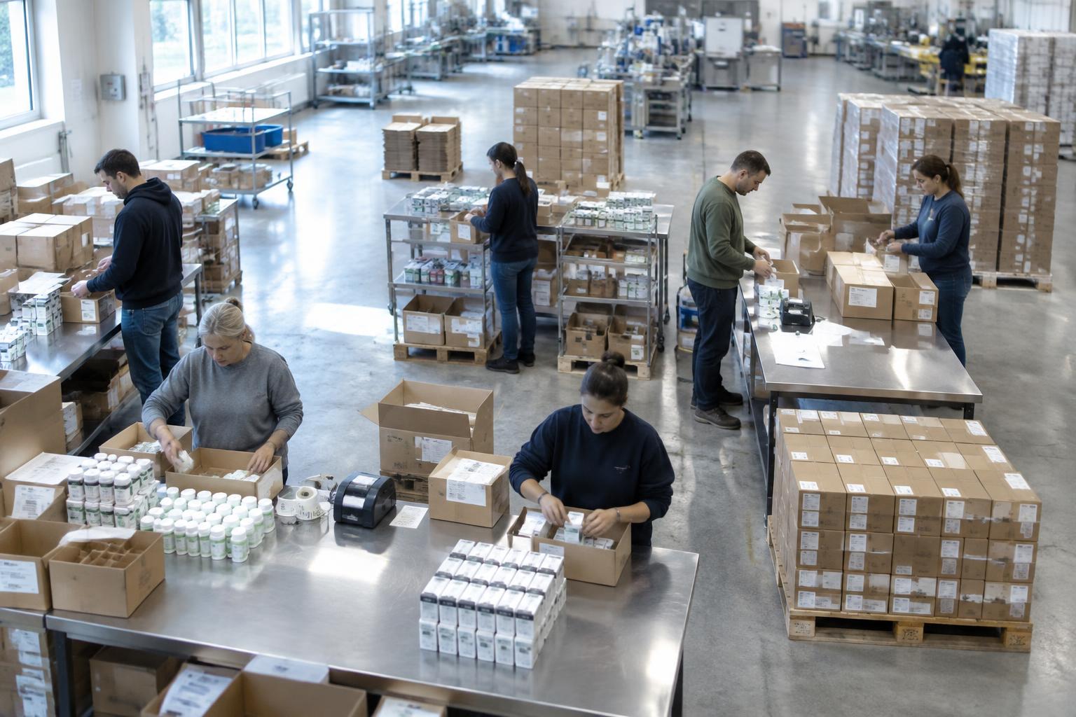 Mitarbeiter verpacken, sortieren und etikettieren Produkte an Packtischen in einer Produktionshalle