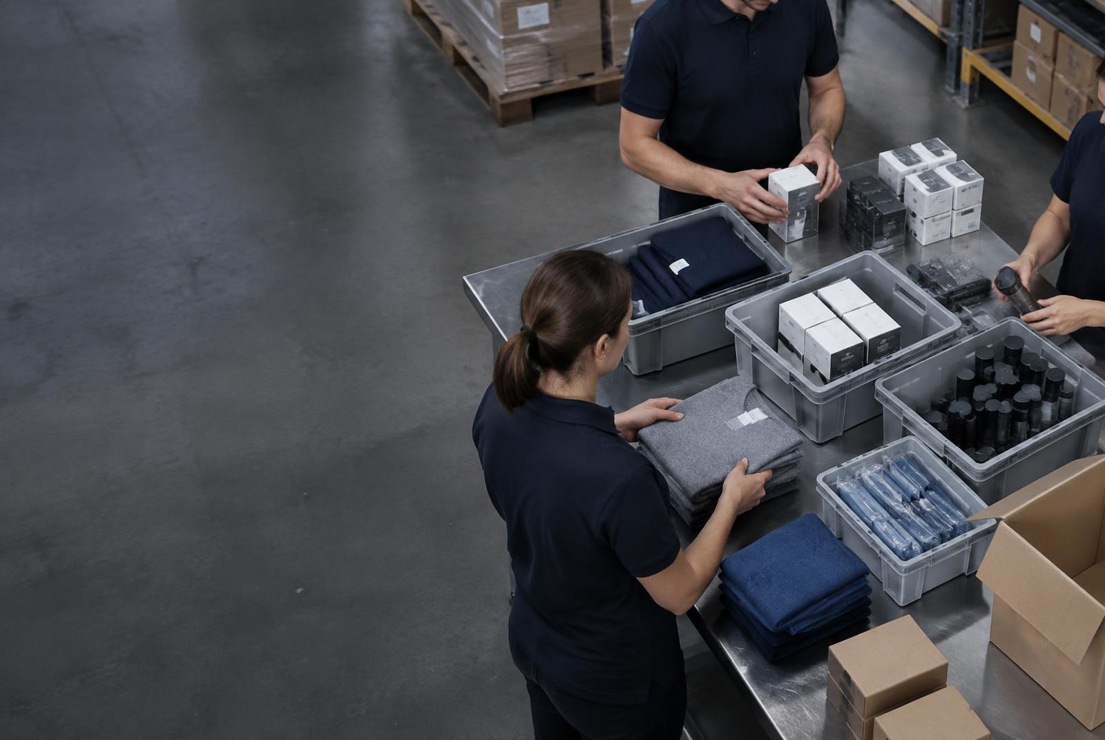 Mehrere Mitarbeiter sortieren Waren manuell in klar getrennte Produktgruppen